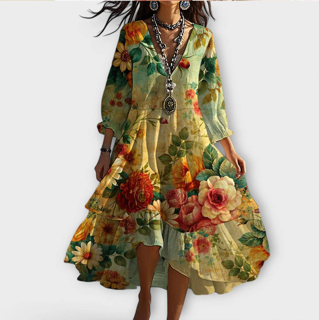 Marina - Vintage Boho Floral Pattern V-Neck Dress