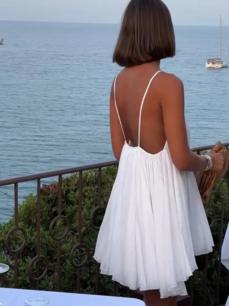 Olive | Pleated V-neck Mini Beach Dress