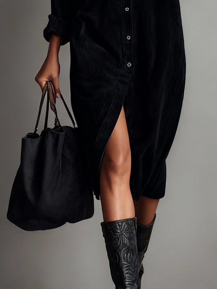 Helene – Cord Midi Dress with Chest Pockets