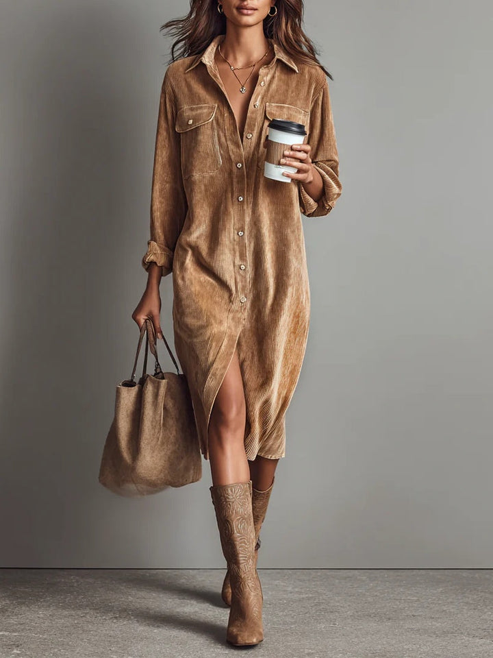 Helene – Cord Midi Dress with Chest Pockets