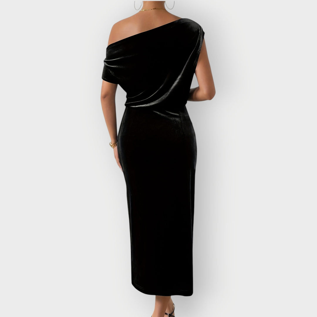 Grecia – Off-Shoulder Draped Velvet Midi Dress