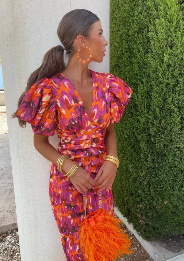 Arielle | Colourful Midi Dress for Women with Pleated Sleeves