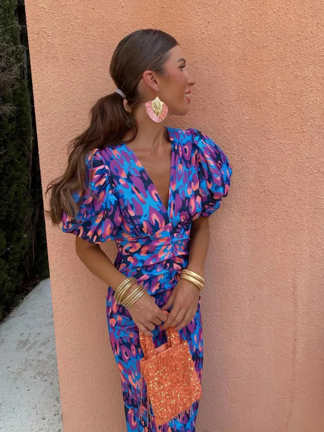 Arielle | Colourful Midi Dress for Women with Pleated Sleeves