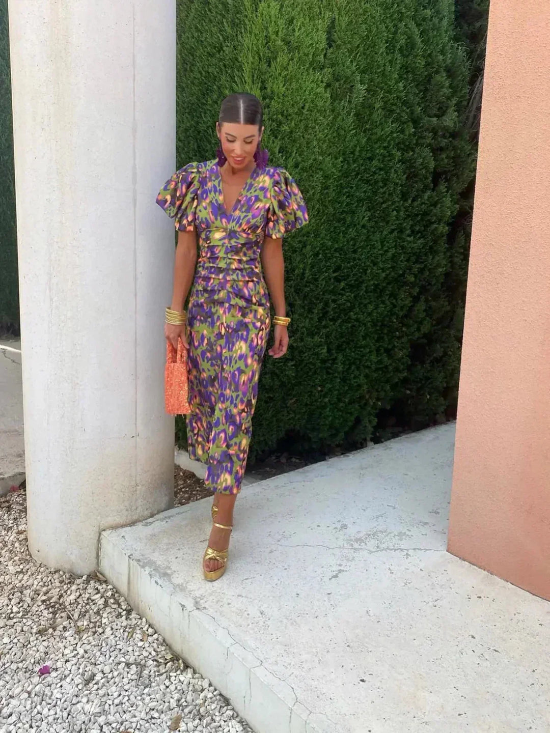 Arielle | Colourful Midi Dress for Women with Pleated Sleeves