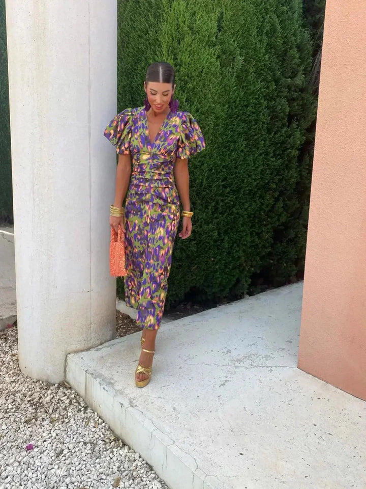 Arielle | Colourful Midi Dress for Women with Pleated Sleeves