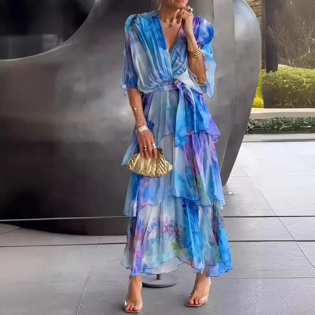 Solstice - Flowy Half Sleeve Long Layered Party Dress
